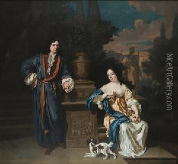 A Double Portrait Of A Gentleman
 And A Lady, Full-lengths, In A Blue Gown And A White Dress With A Blue 
Wrap Respectively, He Leaning Against An Urn, She Seated Holding A 
Basket Of Peaches, A Spaniel At Her Feet, In A Park, A Fountain And 
Statue B Oil Painting - Jan Verkolje