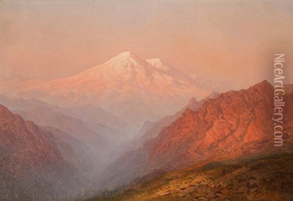 Sunrise With Distant Snow Capped Mountain At Sunset Oil Painting - Il'ia Nikolaevich Zankovskii