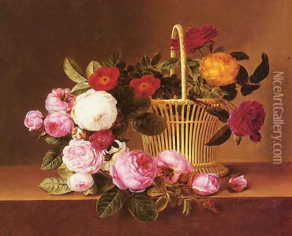 A Basket Of Roses On A Ledge Oil Painting - Johan Laurentz Jensen