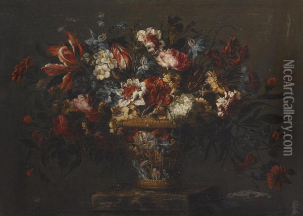 A Still Life With A Basket Of Tulips, Carnations And Other Flowers On A Stone Plinth Oil Painting - Jose De Arellano