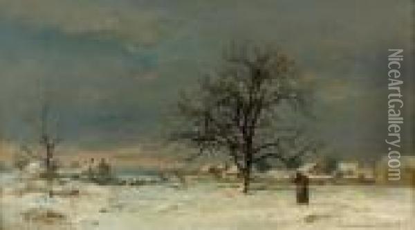 Winterliche Feldlandschaft Am Abend. Oil Painting - Eugene Antoine Samuel Lavieille