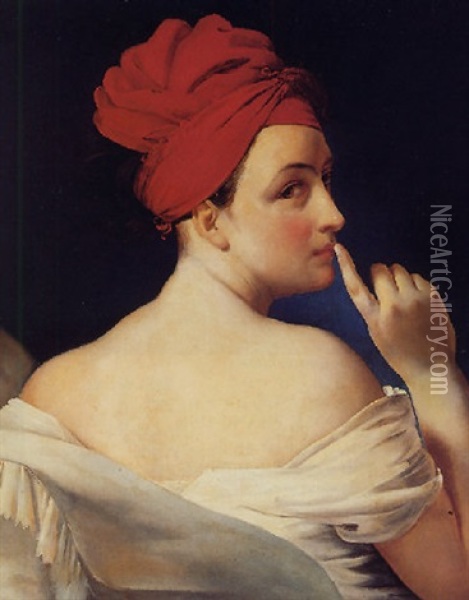 Femme En Buste Vue De Dos, Coiffee D'un Turban Rouge Oil Painting - Edouard Louis Dubufe