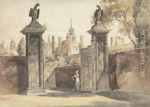 View Of The Gates Of St John's College, Cambridge With Trinitycollege Beyond Oil Painting - Peter de Wint