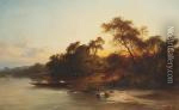 A Bend In The River At Dusk Oil Painting - George Augustus Williams