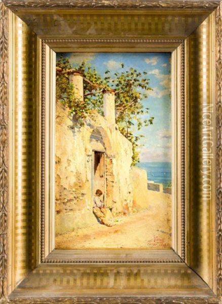 Junge An Der Pforte Eines Hauses Auf Capri Mit Ausblick Aufs Meer Oil Painting - Augusto Lovatti