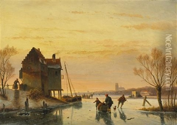 Skaters On The Merwede With Dordrecht Beyond Oil Painting - Nicolaas Johannes Roosenboom