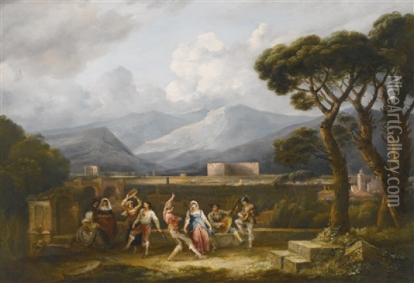Figures Dancing The Saltarello, With A Capriccio Of Rome Oil Painting - Thomas Barker