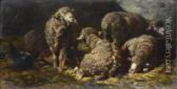 Moutons Dans La Bergerie Oil Painting - Charles Emile Jacque