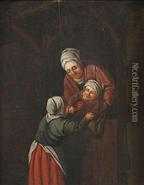 Two Women With A Child At An Entrance Door. Oil Painting - Adriaen Jansz. Van Ostade