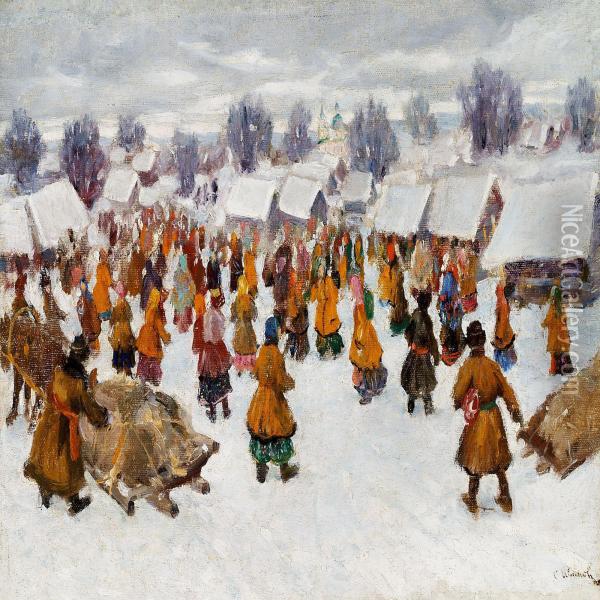 Streetlife Outside A Snow-covered Village In Russia Oil Painting - Sergei Vasilevitch Ivanov