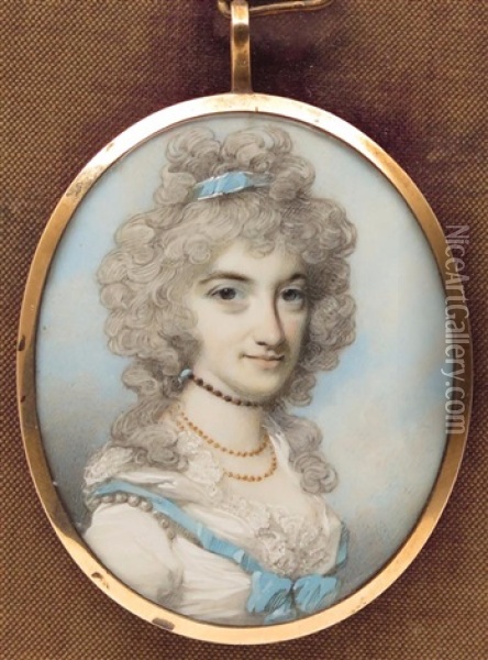Portrait Of Lady Susan Westmorland, Bust Length In A White Dress With A Blue Ribbon Oil Painting - George Engleheart
