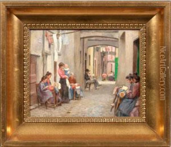 Spitzenklopplerinnen In Einer Gasse In Rapallo Oil Painting - Hermann Fenner-Behmer