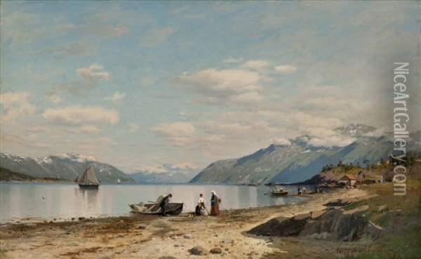 Fjordlandskap Med Folkeliv Oil Painting - Adelsteen Normann