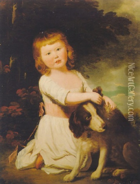 Portrait Of A Girl With Her Spaniel In A Landscape Oil Painting - John Opie