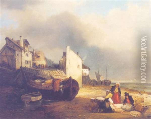 Seigneurs Et Dames Assistant A L'arrivee Du Poisson Normand Oil Painting - Louis-Gabriel-Eugene Isabey