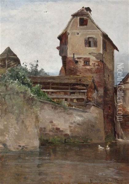 Fachwerkhaus Auf Der Flussmauer Oil Painting - Karl Schickhardt