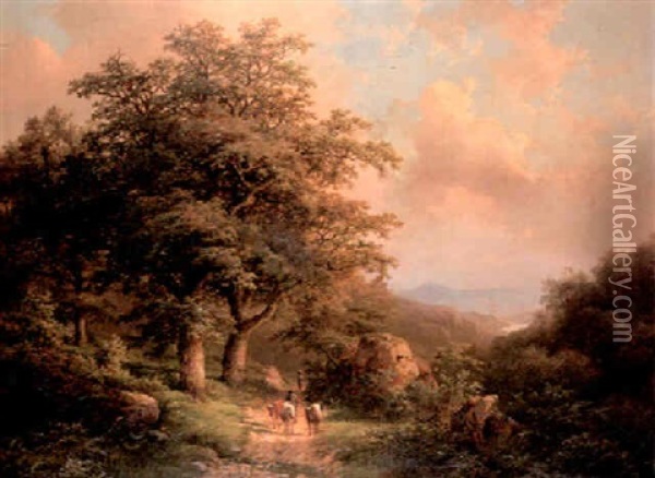 Cattle And Drover On A Wooded Path Oil Painting - Johann Bernard Klombeck