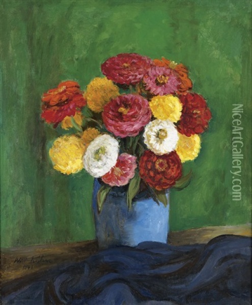 Still Life With Zinnias In A Blue Vase Oil Painting - Walt Kuhn