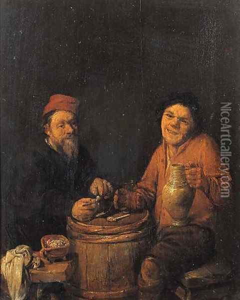 Boors drinking and smoking at a barrel Oil Painting - Abraham Diepraam