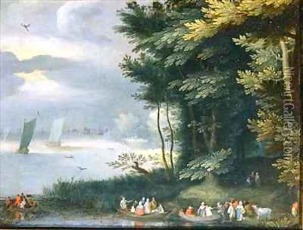 Banks of a Lake with Figures embarking in row-boats Oil Painting - Jan Frans van Bredael