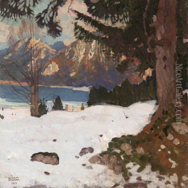 A Winter Lakeside Landscape Oil Painting - Wilhelm Stumpf