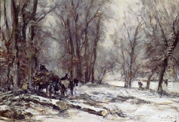 Woodgatherers At Work In A Forest In Winter Oil Painting - Louis Apol