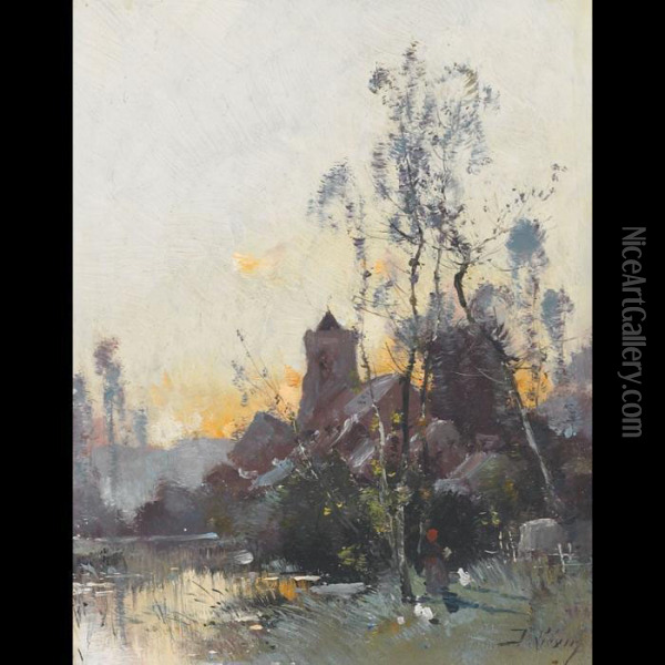 Evening Studies, Fall And Winter Oil Painting - Eugene Galien-Laloue