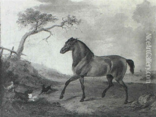 Portrait Of A Stallion And Three Dogs In An Open Landscape Oil Painting - Richard Ansdell