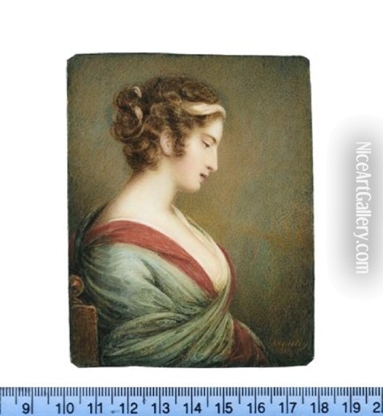 A Lady, Seated, Profile To The Right, Wearing White Dress, Her Gray Mantle With Red Border Draped Around Her Arms, Her Hair Upswept And Dressed With A White Bandeau Oil Painting - Samuel Shelley