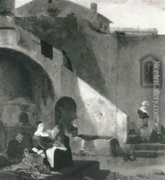 An Italianate Courtyard With A Cook, Washerwoman And Other  Figures Oil Painting - Hendrick Mommers