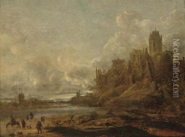 A River Landscape With 
Travellers On The Bank, A Ferry Crossing, Awindmill And Town Beyond Oil Painting - Jan van Goyen