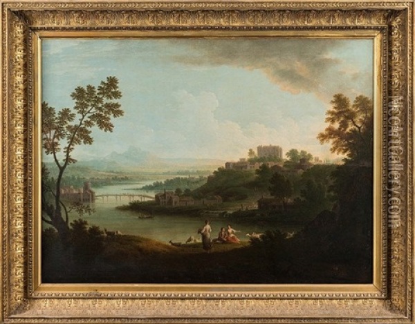 An Extensive Italianate River Landscape, With Figures And Goats In The Foreground, A Hilltop Town Beyond, Mountains In The Distance Oil Painting - Gabriele Ricciardelli