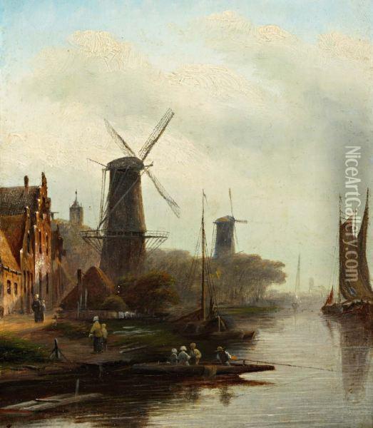 Hollandse Stadje Aan Het Water Oil Painting - Jan Jacob Coenraad Spohler