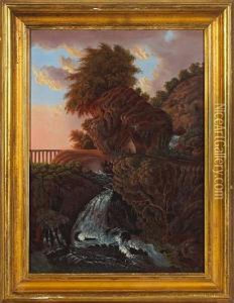 A Landscape With Waterfall And Cabin Oil Painting - Thomas Chambers