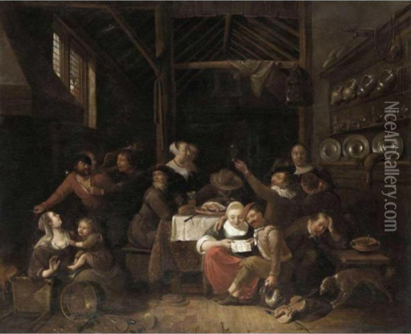A Tavern Interior With Figures Drinking And Brawling Oil Painting - Gerrit Lundens