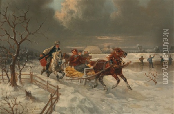 Ausfahrt Im Winter Oil Painting - Eduard Goetzelmann