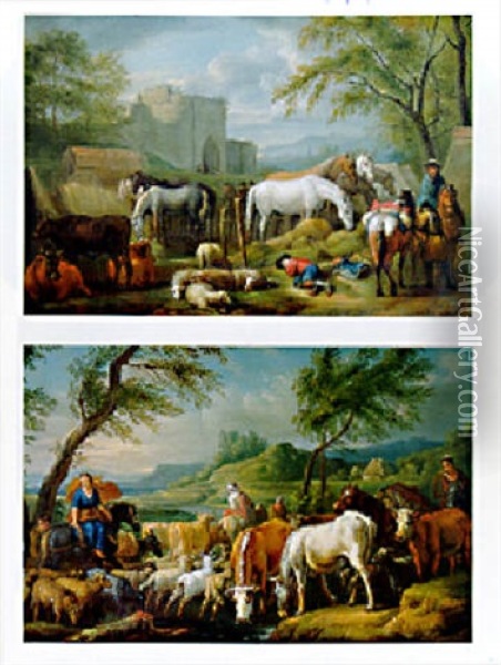 Calvary Man Halting At A Refreshment Place For Horses A Shepherd Boy Asleep Oil Painting - Pieter van Bloemen