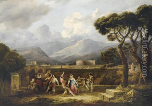 La Salterella : Danseurs 
Napolitains Devant Le Monastere De Sanpietro In Montorio, A Rome, Un 
Jour De Fete Oil Painting - Thomas Barker of Bath