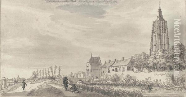 The Heukelum Gate In Asperen, With The Dutch Reformed Church Oil Painting - Jan De Beyer