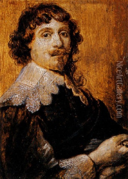 A Portrait Of A Bearded Man Wearing A Black Coat With Lace Collar And Sleeves, And Holding Gloves In His Right Hand Oil Painting - Floris Claesz van Dyck