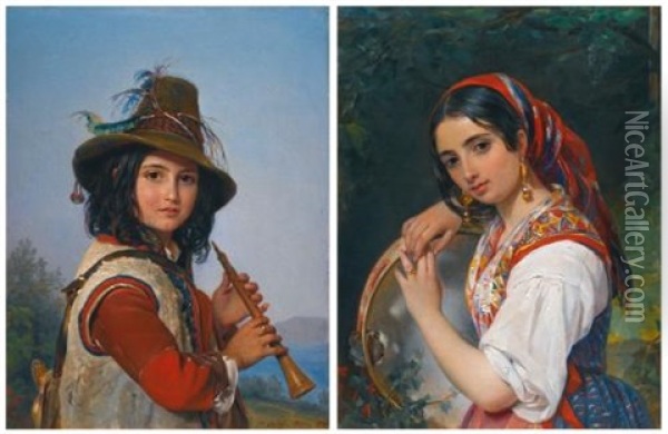Portrait Of An Italian Shepherd Boy With A Flute (+ A Shepherd Girl With A Tambourine; 2 Works) Oil Painting - Pimen Nikitich Orlov