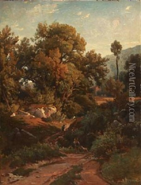 Hilly Landscape Oil Painting - Jean Francois Armand Felix Bernard
