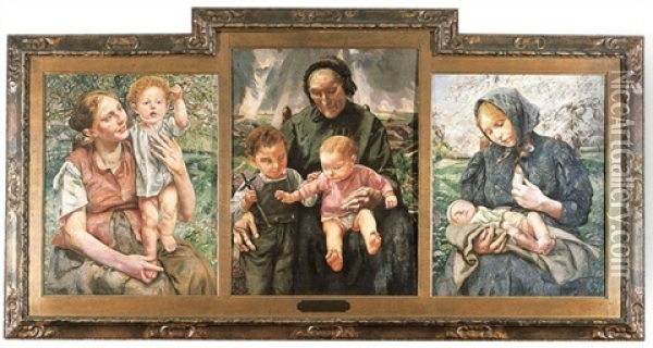 Sainte Famille - Les Ages De La Vie (triptych) Oil Painting - Leon Frederic