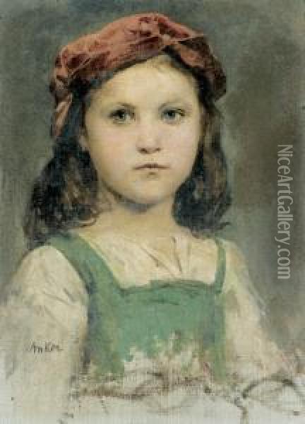 Bildnis Eines Madchens Mit Roter Kopfbedeckung. Oil Painting - Albert Anker