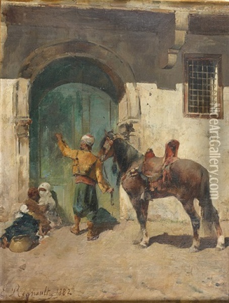 Cavalier Arabe A La Porte Oil Painting - Emile Regnault de Maulmain