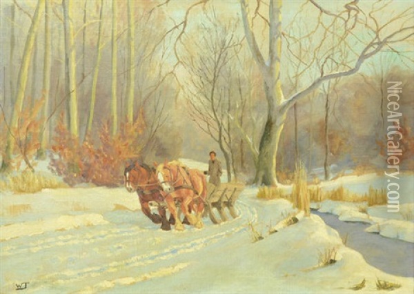 Winter Landscape With Cart And Horses Oil Painting - Wlodzimierz Tetmayer