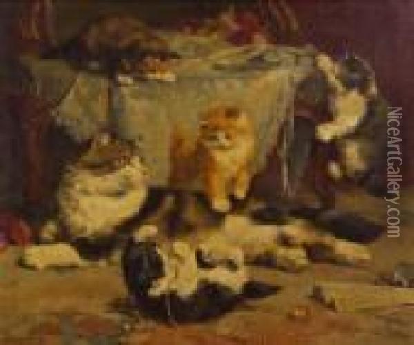 Kittens At Play Oil Painting - Charles van den Eycken