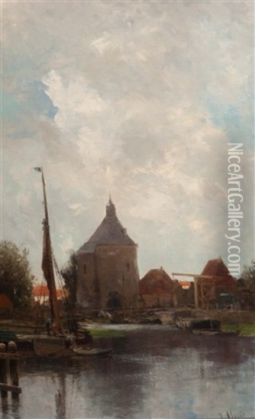 View Of The Drommedaris In Enkhuizen Oil Painting - Jacob Henricus Maris