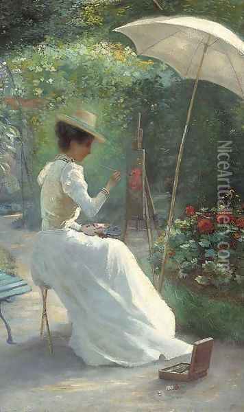 A young lady painting in the garden Oil Painting - Charles Endres