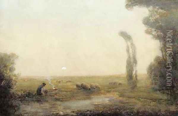A shepherd beside a camp fire watching his flock by moonlight Oil Painting - John Terris
